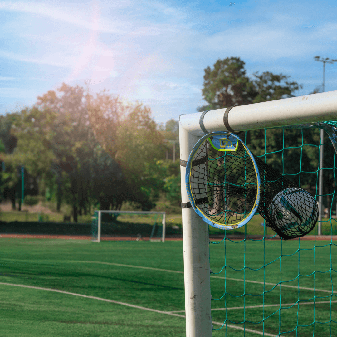 Set of corner targets installed on backyard football goal