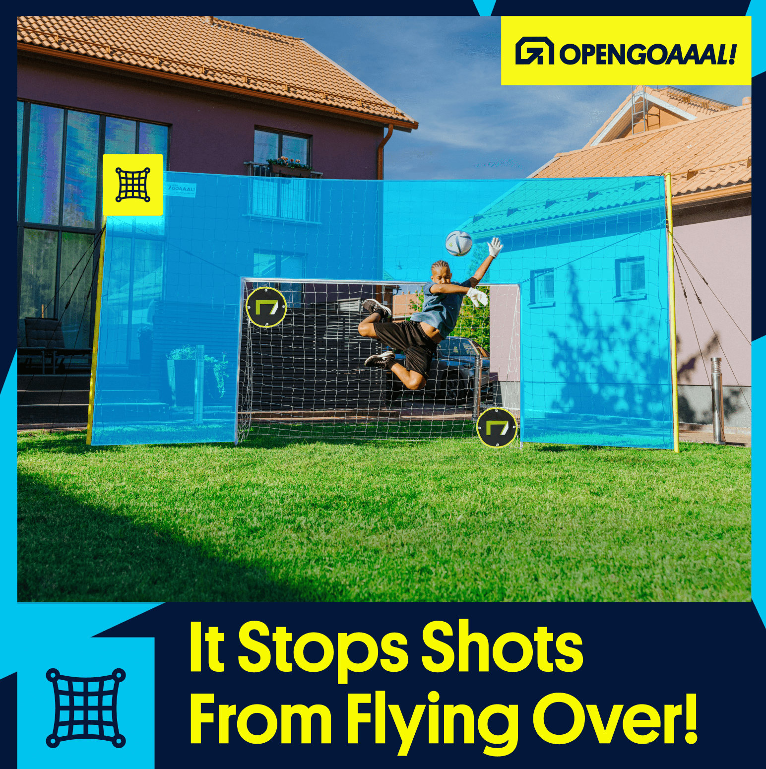 Junior backyard football goal set up on green grass with bouncing net